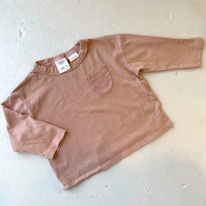 Zara Basic Beige Tan Pink Long Sleeve Boxy Tshirt with Pocket